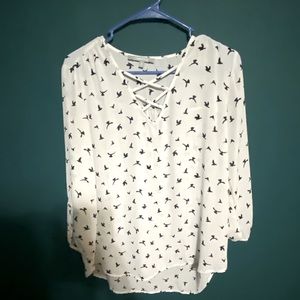 White dress top with blue doves